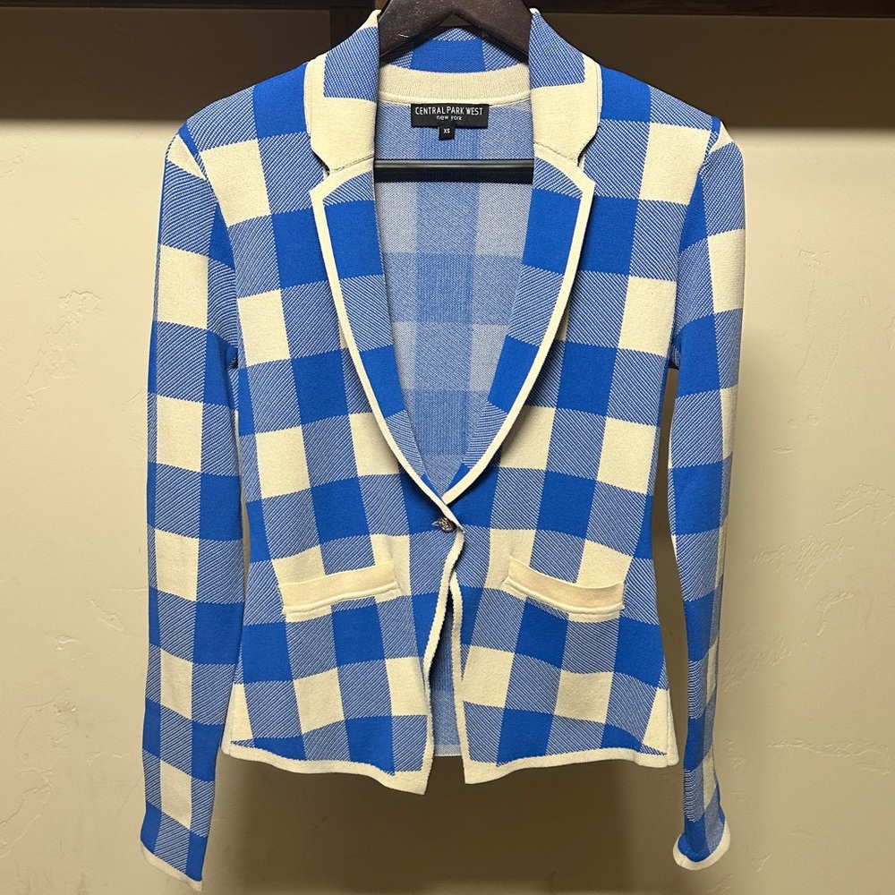 Central Park West Blue and Cream Checkered Cardigan